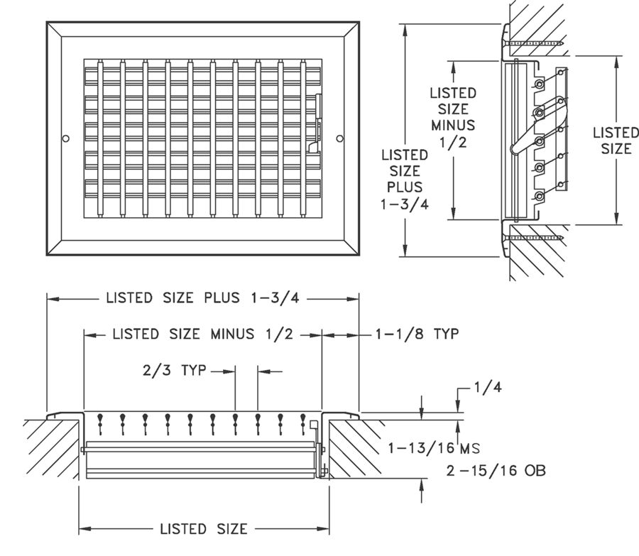 AL278 - Adjustable Straight Blade Sidewall Register with Multi-Louver Damper - Dimensional Drawing