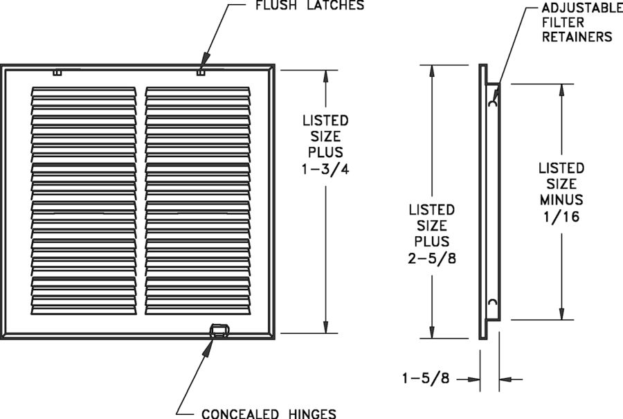 Dimensional Drawing 60GHFF Stamped-Face Return Grille with Filter Frame 