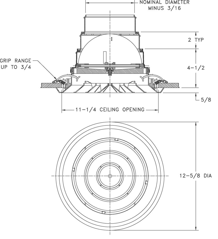 RZ150 - Plastic Round Ceiling Diffuser - Dimensional Drawing