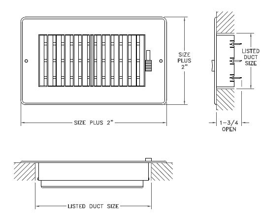 RZ602 - Plastic Sidewall/Ceiling Register- Two-way -Dimensional Drawing