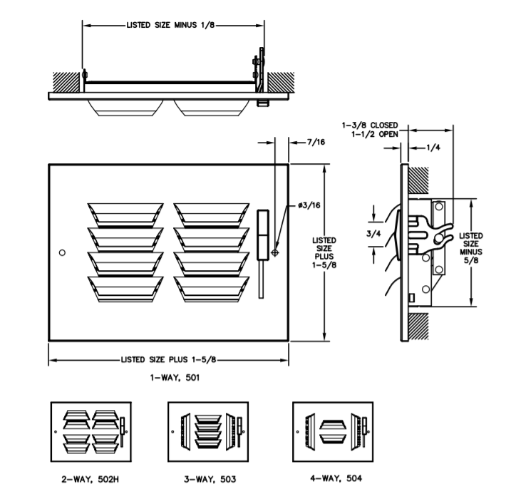 Dimensional Drawing 500/AL500 - Stamped Curved-Blade Supply Register with Multi-Louver Damper (