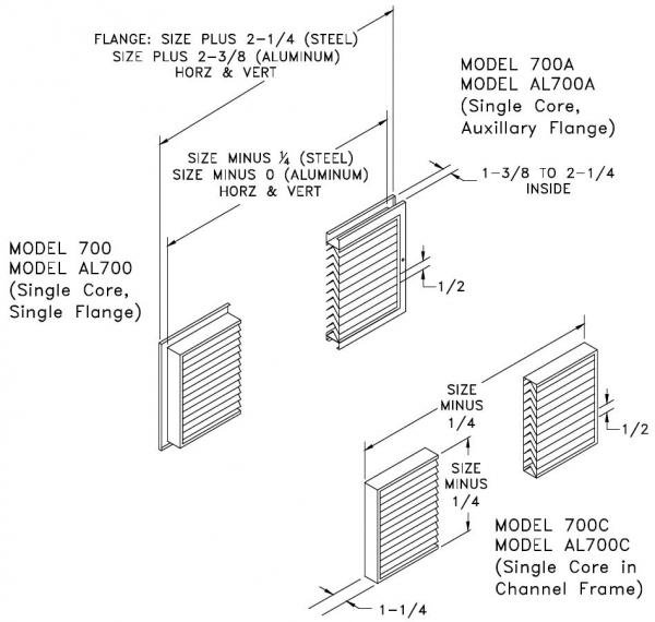 AL700/700 - Nonvision Door Grille - Dimensional Drawing